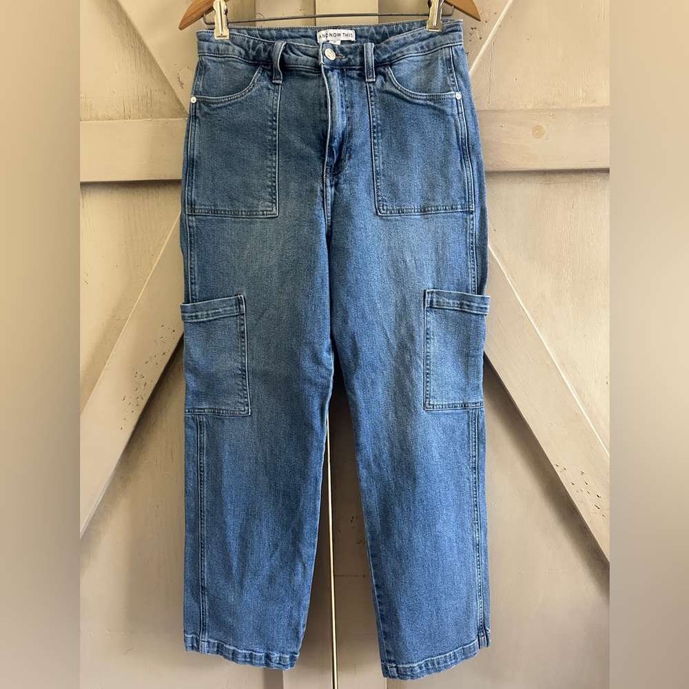 And Now This Women’s Size 30 Cropped Cargo Jeans Blue High Rise Utility Denim